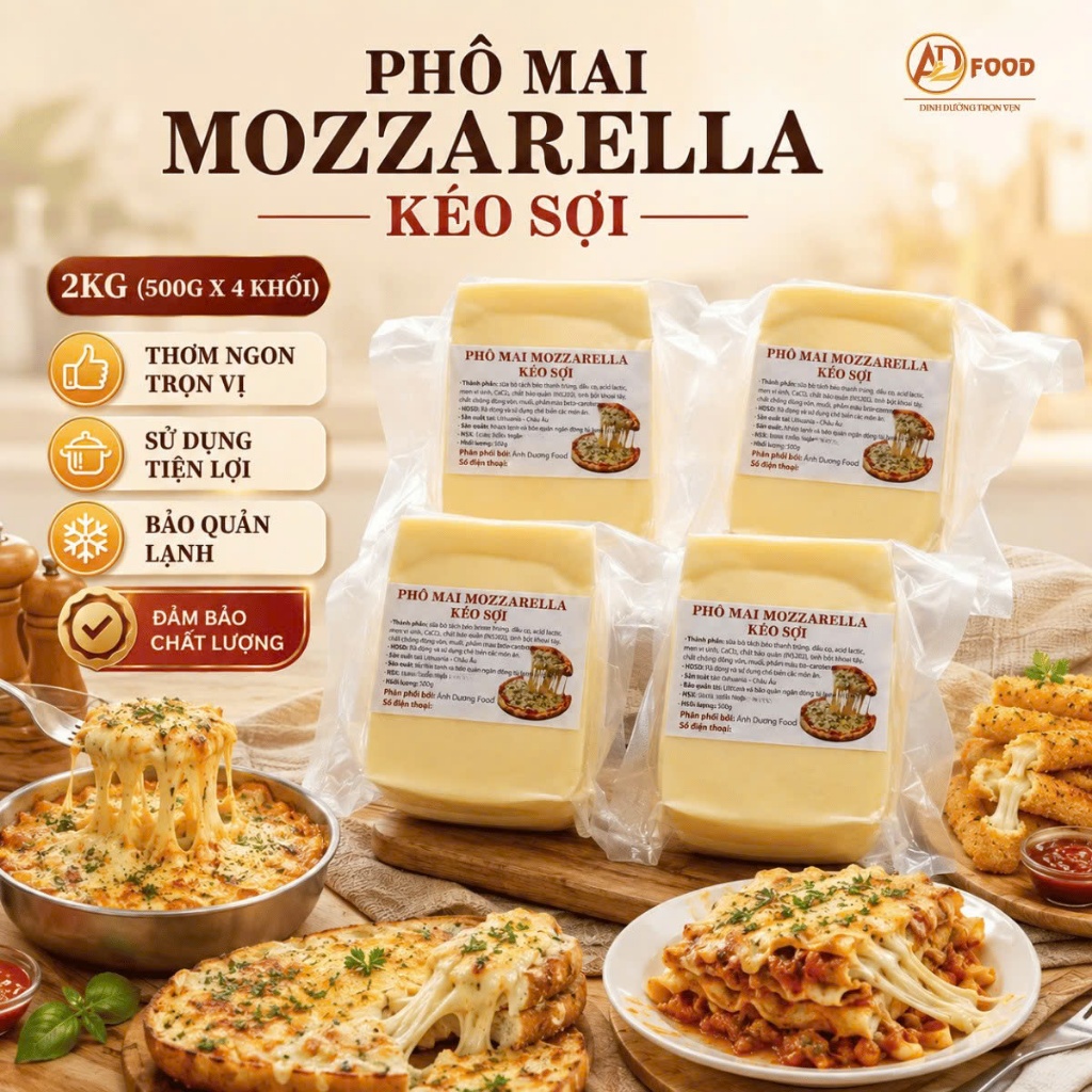 2kg phô mai kéo sợi ( chia thành 4 khối 500g) - phô mai Mozzarella, làm pizza, phô mai que, hotdog