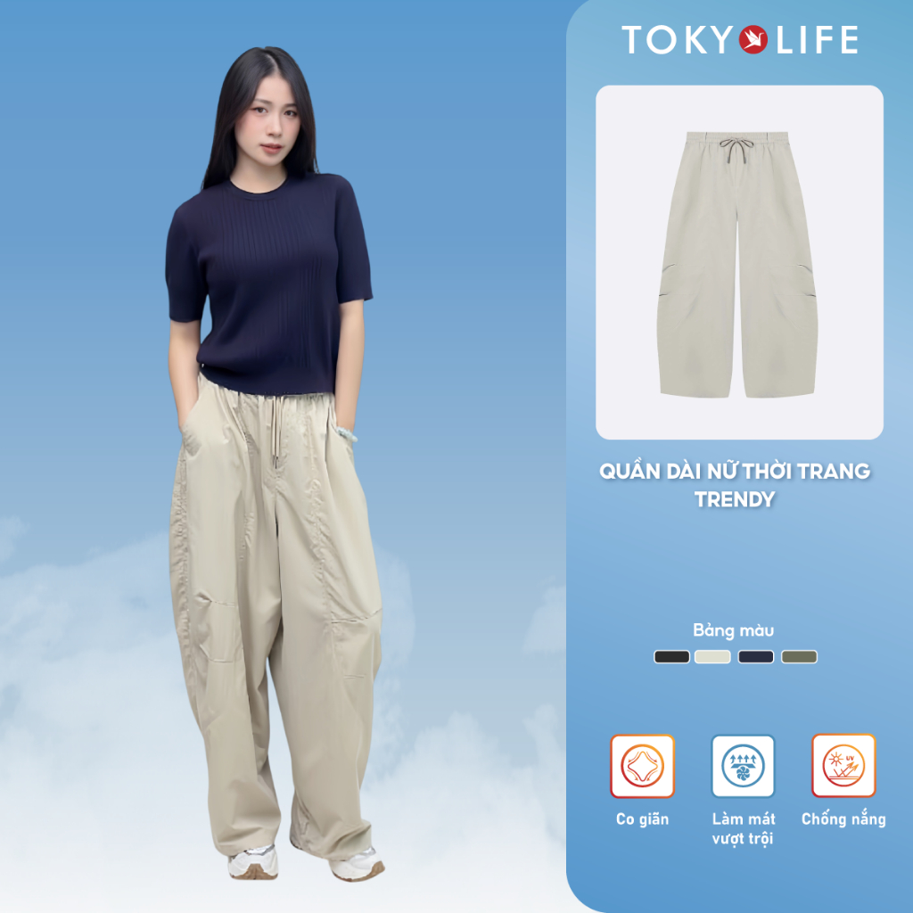 [Võ Hà Linh x TokyoLife] Quần dài ống rộng nữ TOKYOLIFE có dây chun, chất vải dù nhẹ thoáng mát 4000