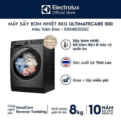 Free giao lắp - Máy sấy bơm nhiệt Electrolux 8kg UltimateCare 500 - Xám đen Onyx EDH803J5SC