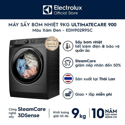 Free giao lắp - Máy sấy bơm nhiệt Electrolux 9kg UltimateCare 900 - Xám đen Onyx EDH902R9SC