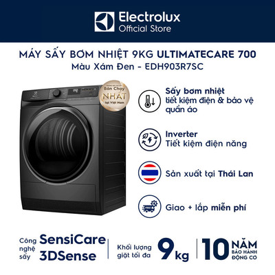 Free giao lắp - Máy sấy bơm nhiệt 9kg UltimateCare 700 - Xám đen Onyx EDH903R7SC