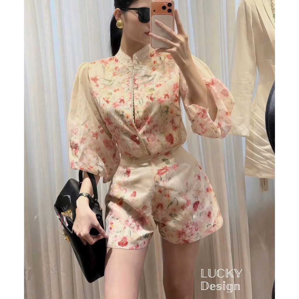 LIPU - [LK0809] SET BỘ ĐỒ NỮ ÁO DÀI TAY CỔ TÀU MIX QUẦN ĐÙI NGẮN HỌA TIẾT HOA HỒNG