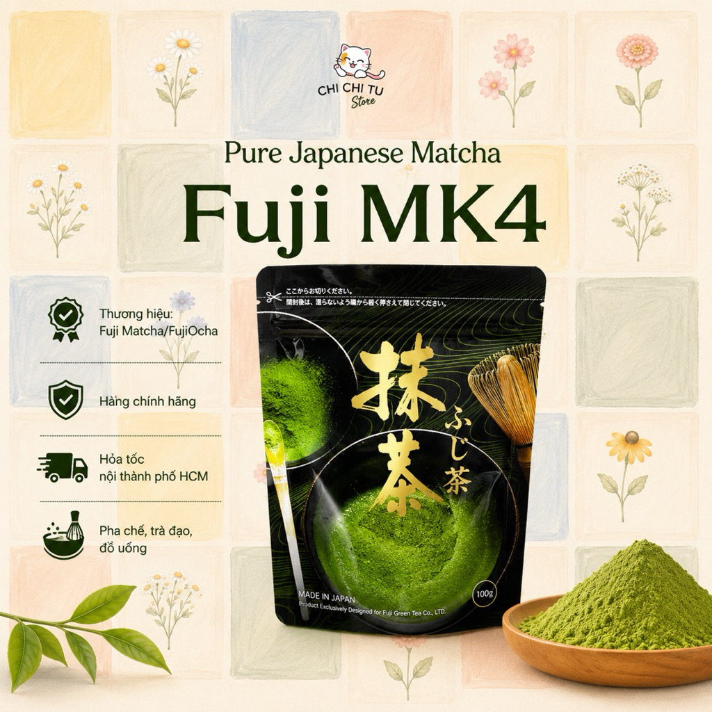 <Sẵn hàng> Túi hãng 100g-500g bột matcha Fuji MK4 chiết lẻ - Chính hãng- Màu đẹp, pha chế latte - Đậ