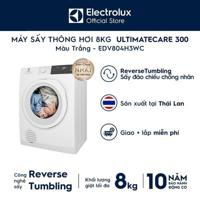 Miền Bắc giao từ 29/8 - Máy sấy thông hơi 8KG Electrolux EDV804H3WC - sấy đảo chiều chống nhăn, diệt khuẩn, bền màu