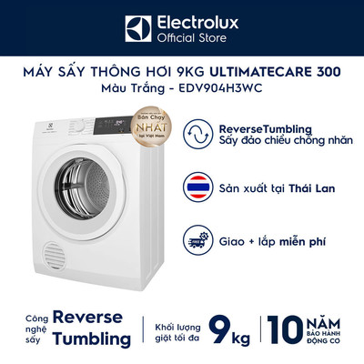 Chỉ giao miền Nam - Máy sấy thông hơi 9KG Electrolux EDV904H3WC - sấy đảo chiều chống nhăn, diệt khuẩn, bền màu