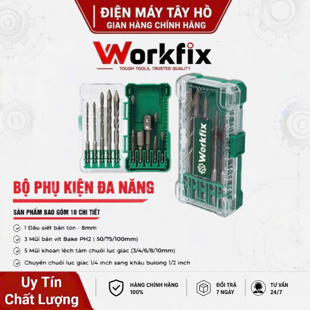 Hộp 8 đến 10 Mũi Khoan lệch tâm Workfix - Amaxtools, mũi vít, chuyển bulong đa năng