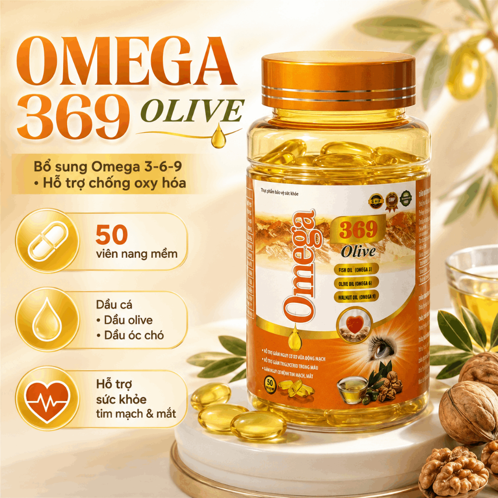Viên Uống Omega 369 Olive - Hỗ Trợ Mắt Bright, Bảo Vệ Tim Mạch, Giảm Sức Oxy Hóa (Hộp 50 Viên)