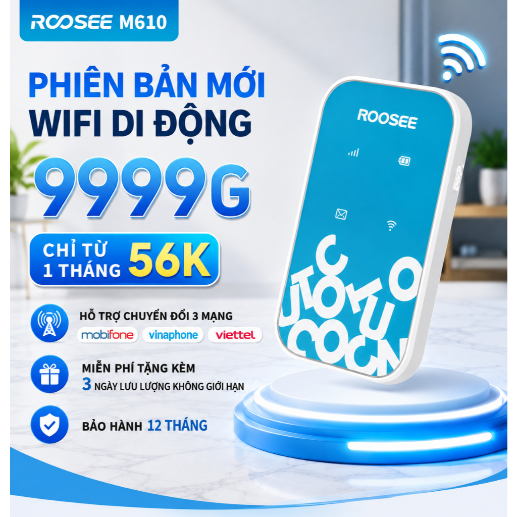 ROOSEE M610 WiFi Di Động eSIM Không Cần Lắp SIM Pin 2100mAh Chuyển Đổi 3 Nhà Mạng Viettel Vina Mobi