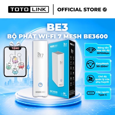 [Hỏa Tốc] Bộ phát Wifi 7 Mesh TOTOLINK BE3 Tốc độ 3570Mbps, Cổng Type-C