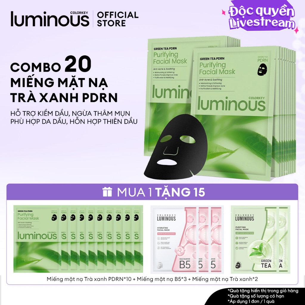 [KOL - MUA 1 TẶNG 15] COMBO 20 Miếng Mặt Nạ Giấy Chiết Xuất Trà Xanh Colorkey Luminous Cấp Ẩm Cho Da 10 miếng/hộp
