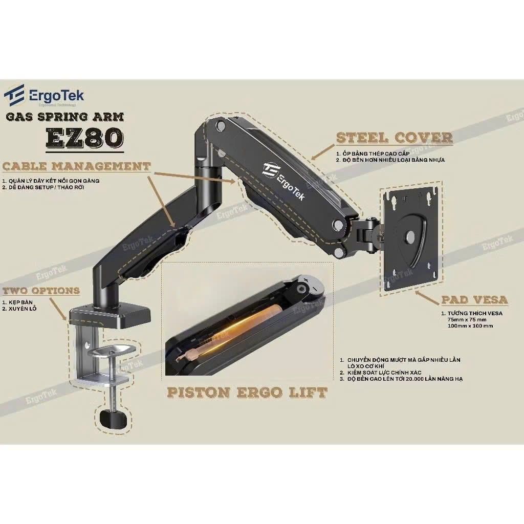 Giá Treo Màn Hình ErgoTek EZ80 - Hỗ Trợ Màn Hình 17-34inch - Lắp Đặt Kẹp Thành Bàn