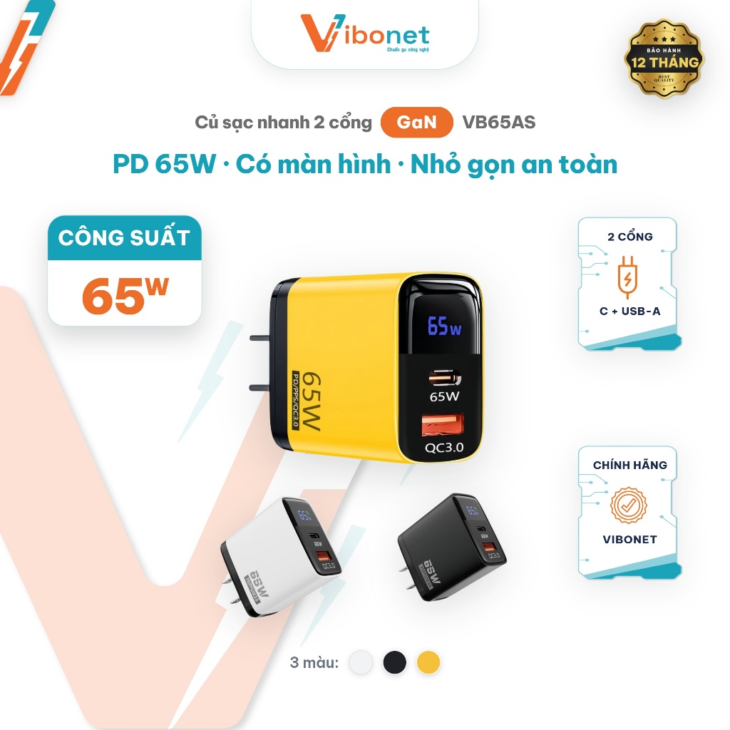 Củ sạc nhanh VIBONET PD65W 2 Cổng Type-C,USB-A Công nghệ GaN Có màn hình hiển thị| Chính hãng VB65AS