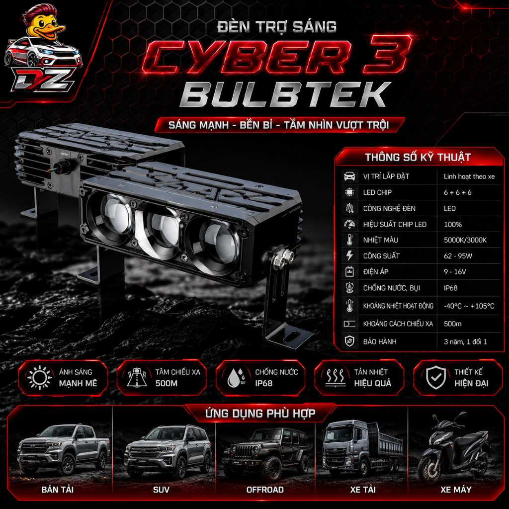 Đèn trợ sáng CYBER 3 Bulbtek LED 2 màu 3000K/5000K, chống nước IP68, BH 3 năm 1 đổi 1