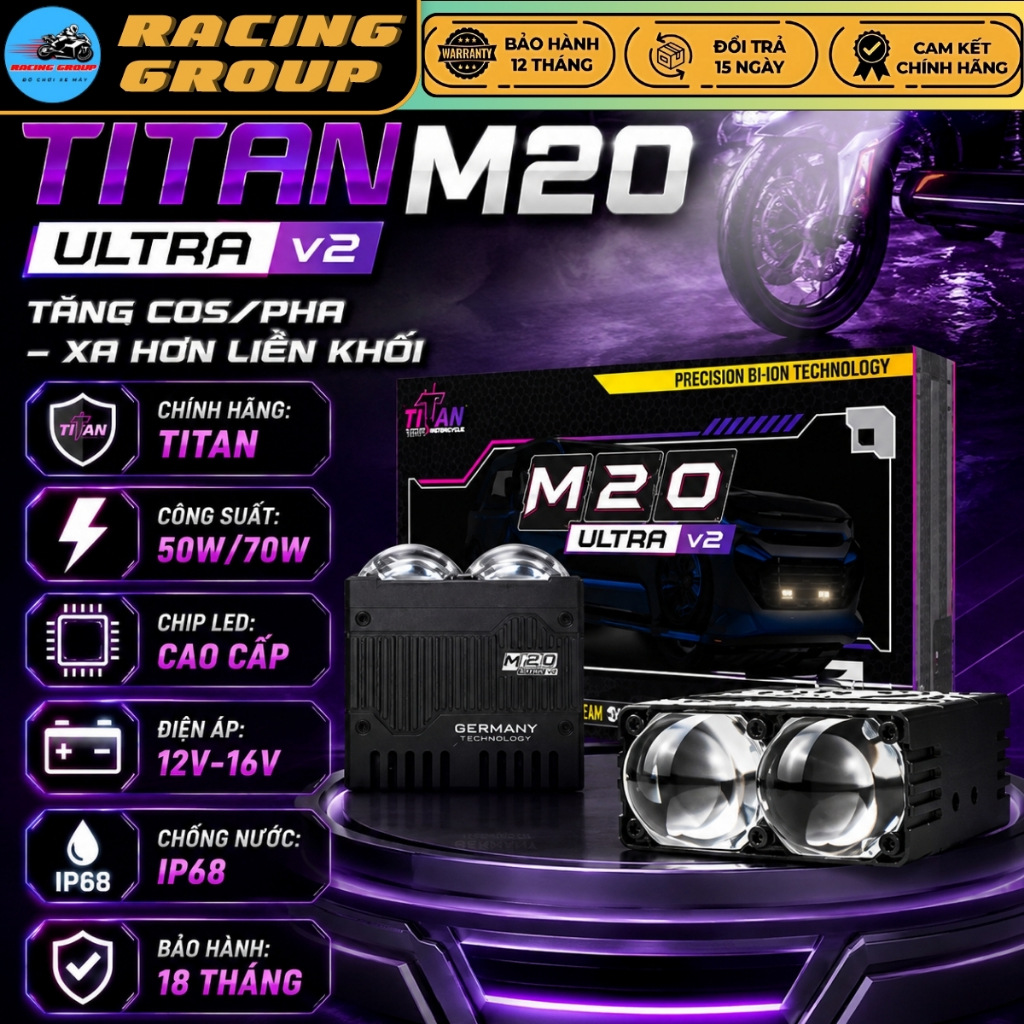 M20 Ultra V2, Đèn Trợ Sáng Bi Cầu Titan M20 Ultra V2 70W Siêu Sáng Chống Nước Tốt -Bảo Hành 18 Tháng