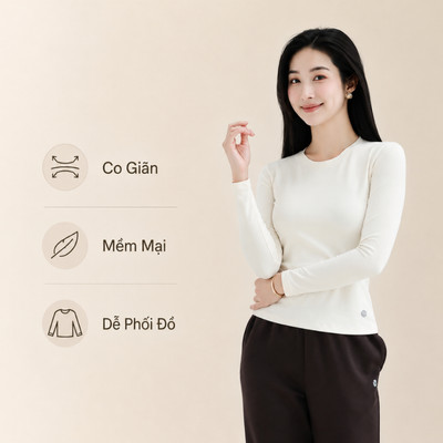 Áo Cổ Tròn Nữ Livan LV25W04F230, Áo Thun Dài Tay Thu Đông Mềm Mịn Co Giãn