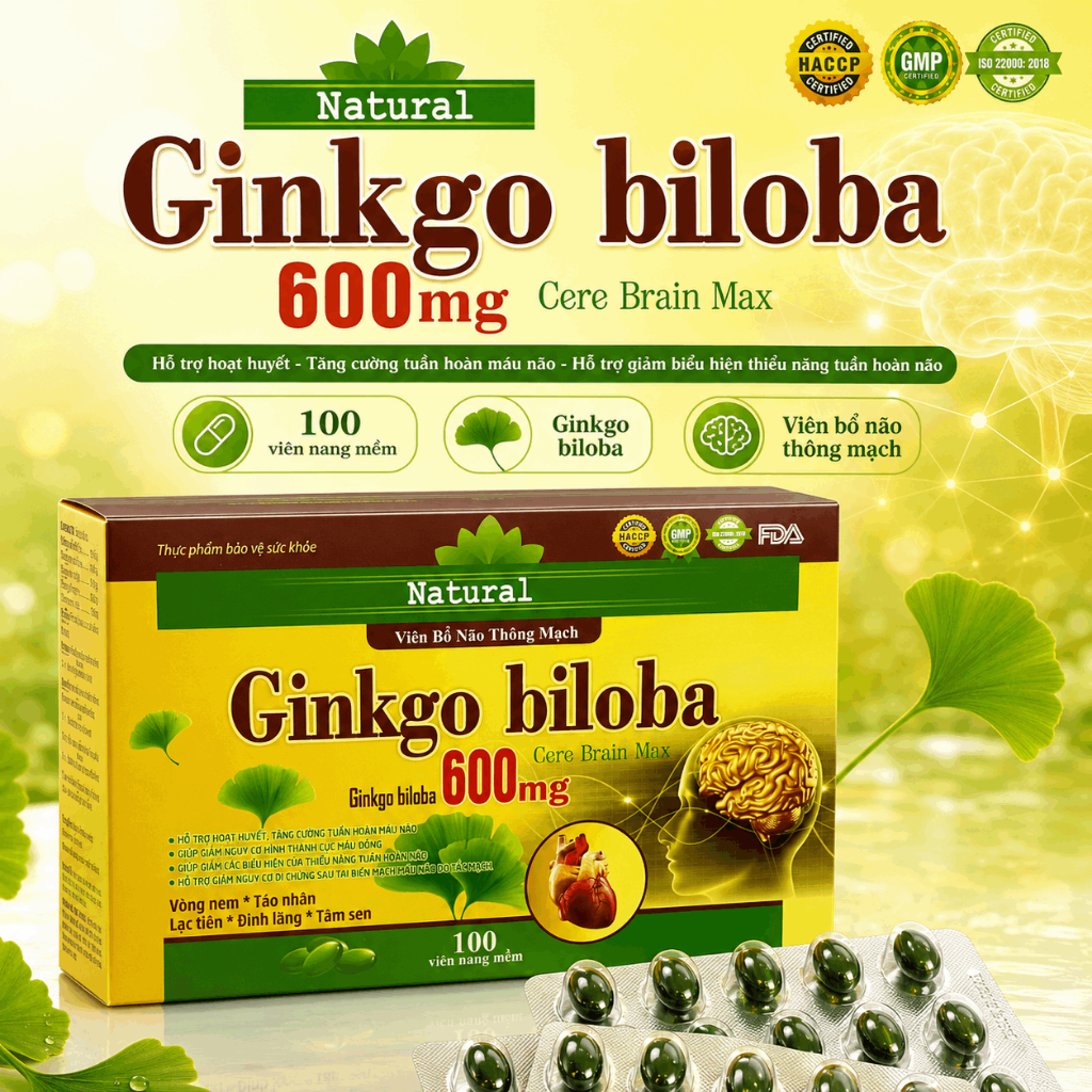 Viên Uống Natural Ginkgo Biloba 600mg Cere Brain Max - Hỗ Trợ Hoạt Huyết, Tăng Cường Tuần Hoàn Máu N