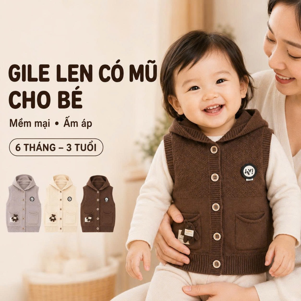 Áo Khoác Nỉ Bé Trai Ngắn Tay Dệt Kim Cài Cúc Có Mũ - Gile Thu Đông Mềm Mại Có Túi Size 63-90