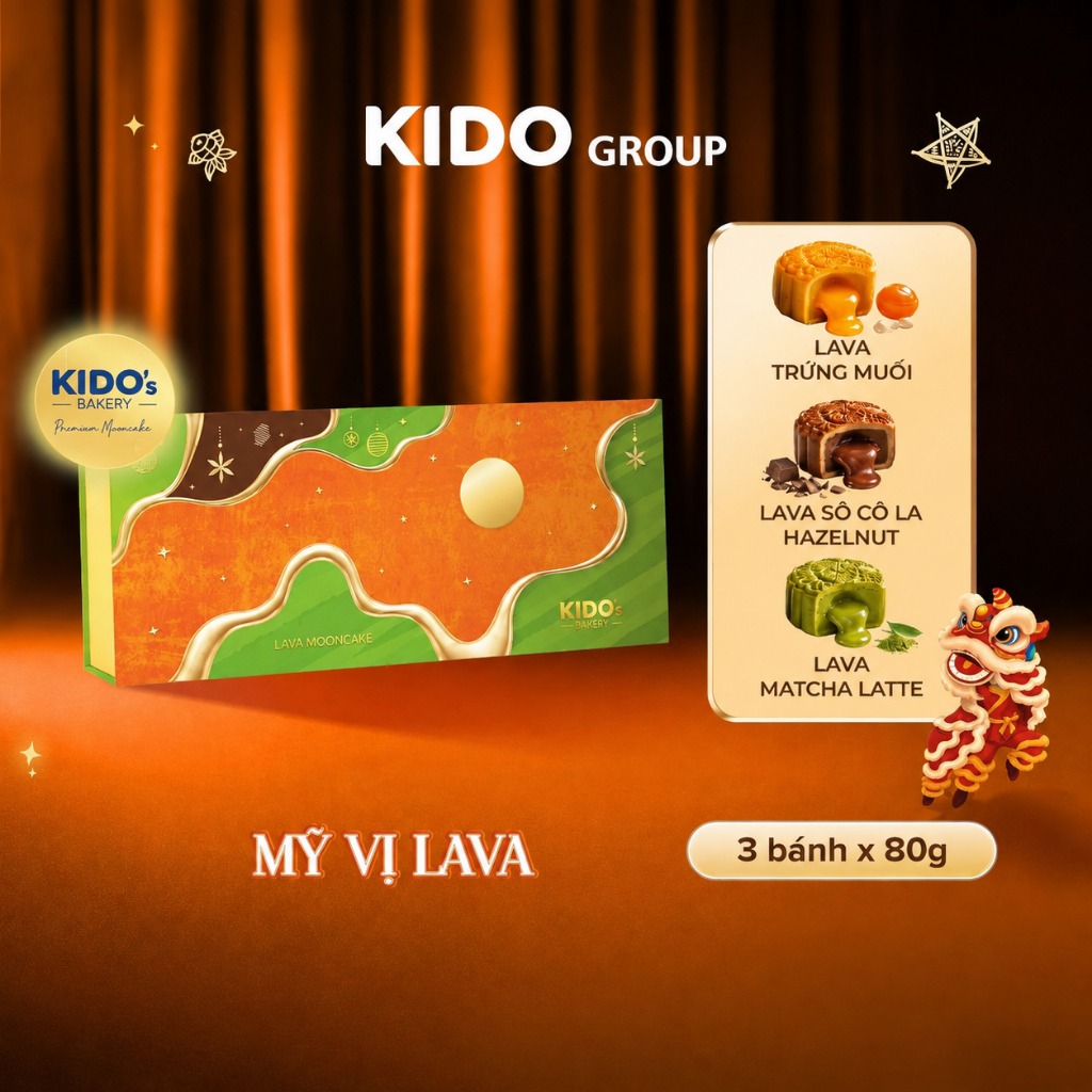 Bánh Trung Thu KIDO -Combo Mỹ vị LAVA (gồm 3 bánh 80g nhân Trứng Muối + Matcha Latte + Socola)