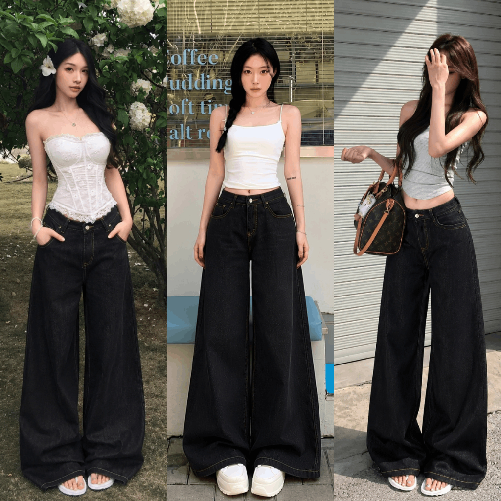 Quần Jean Nữ Suông Ống Rộng 33CM Màu Xám Đen Cạp Cao Ôm Eo Tôn Dáng Quần Bò Jean Denim Mềm Chỉ Nổi B