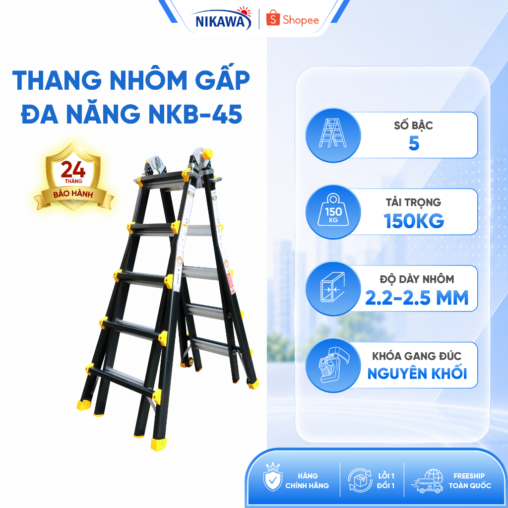 Thang nhôm rút lồng chữ A NIKAWA NKB-45 xếp gọn 5 bậc chiều cao 2m5, dày 2.5 li, công nghệ Nhật Bản,
