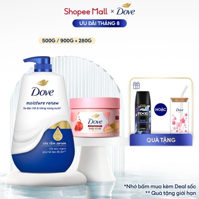 Combo Sữa tắm Dưỡng thể Dove 500g/900g + Tẩy Da Chết Dưỡng Ẩm Dove Hương Lựu Đỏ 280g