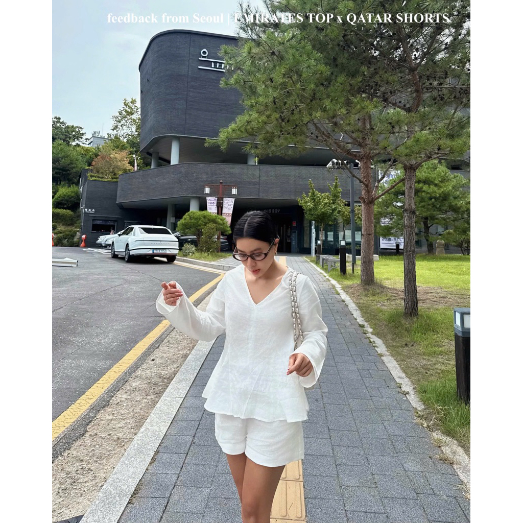 𝐭𝐡𝐞𝐥𝐞𝐭𝐲 | EMIRATES TOP - Áo Linen Tưng Cổ Tim Tay Dài