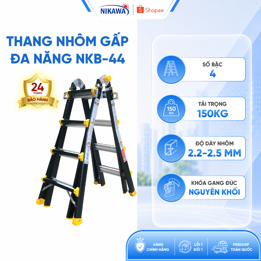 Thang nhôm rút lồng chữ A NIKAWA NKB-44 xếp gọn 4 bậc chiều cao 2m, dày 2.5 li, công nghệ Nhật Bản, 