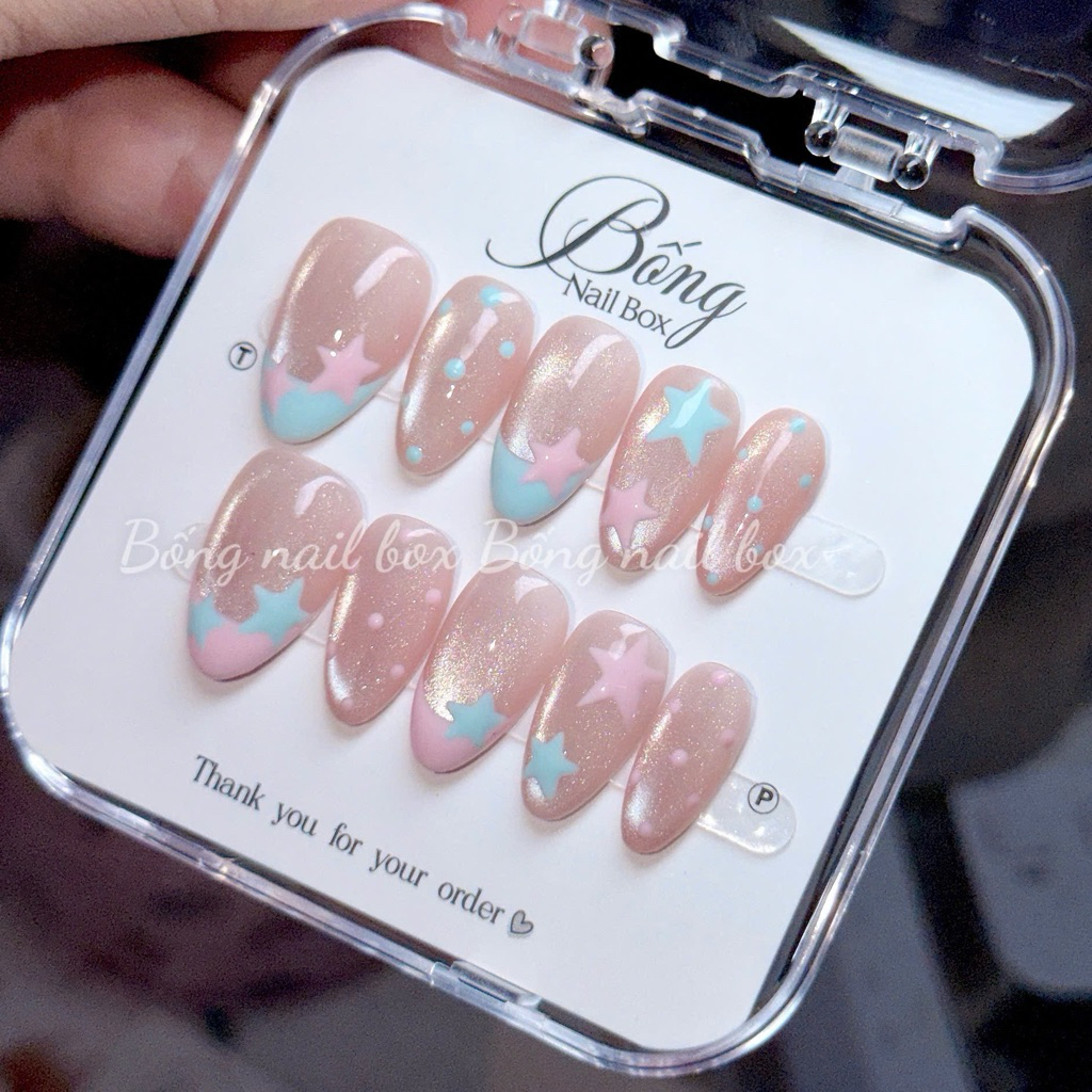 (TẶNG KÈM HỘP) Nail box mắt mèo ánh nước ngôi sao xanh hồng pastel T83