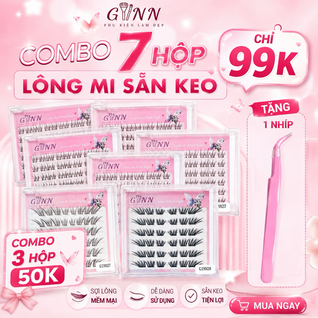 7 hộp 99k - GINN SHOP Mi giả sẵn keo tự dính tái sử dụng , Mi giả keo sẵn, keo chắc, chất lượng tốt