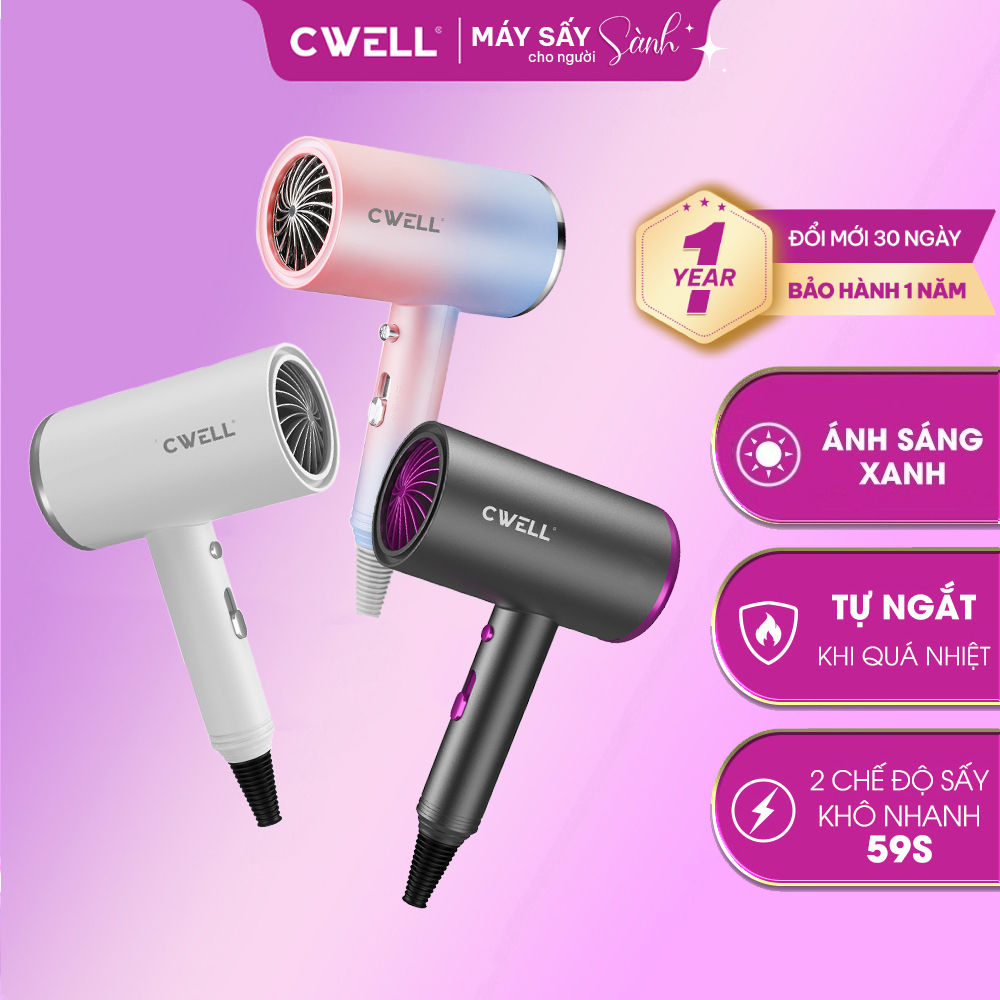Máy sấy tóc mini CWELL C02HD 1200W sấy nhanh, 2 chiều nóng lạnh, tự ngắt quá nhiệt, tặng kèm đầu sấy
