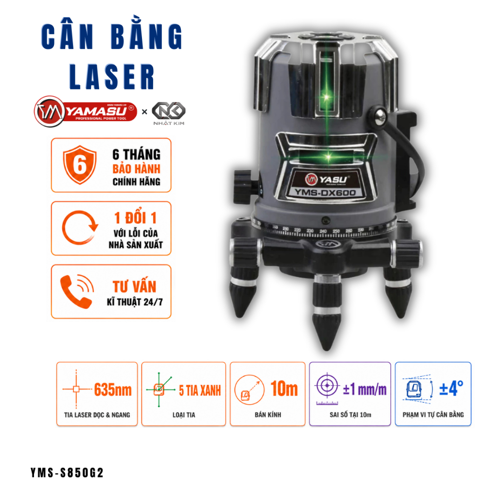 Máy Cân Bằng Laser YAMASU DX600 5 Tia Xanh Series S LED Siêu Sáng Đế Xoay Vòng Bi Cao Cấp Chính Hãng