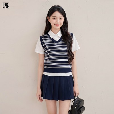 Set bộ thun nữ Twentyfive gồm áo ngắn tay kẻ ngang phối cổ sơ mi kèm chân váy xếp ly 7352