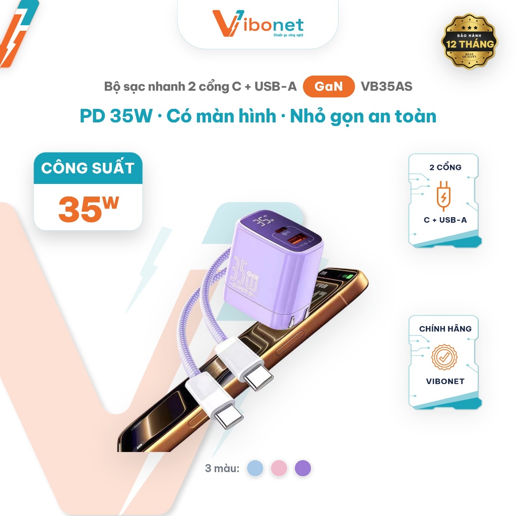 VIBONET Bộ sạc nhanh PD 35W 2 Cổng Type-C,USB-A Công Nghệ GaN có Màn hình hiển thị | Chính hãng VIBONET VB35AS