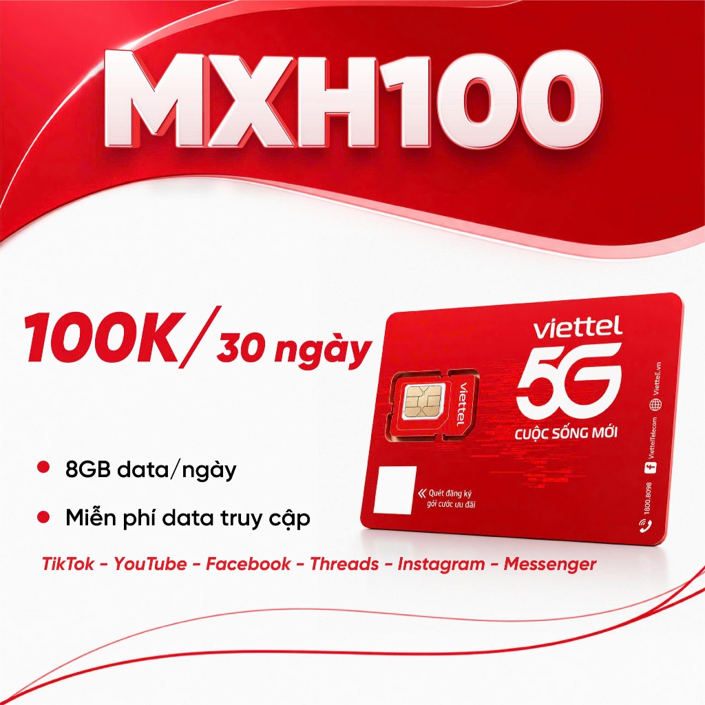 [MXH100] Sim Viettel đăng ký được gói MXH100 ưu đãi 1GB/ngày miễn phí TT, YTB, FB chỉ 100k/tháng