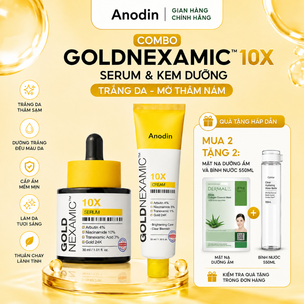 Combo Serum + Kem dưỡng dưỡng sáng, mờ thâm nám Goldnexamic 10x Anodin - Skin Studio
