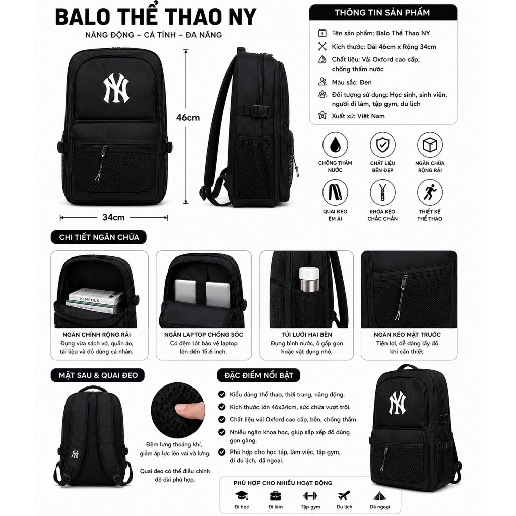 Balo Thể Thao NY 46×34cm – Balo Nam Nữ Nhiều Ngăn, Có Ngăn Laptop