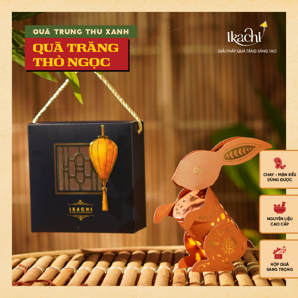 Hộp quà trung thu Ikachi - Quà Trăng Thỏ Ngọc - Set hộp quà có đèn trung thu kèm 1 bánh pía và dây đ