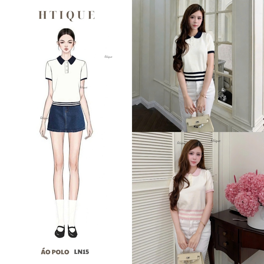 (BACK TO SCHOOL) HTIQUE mở bán Áo Polo Dệt Kim Nữ Phối Viền Co Giãn Ôm Dáng Thanh Lịch, Áo Len Nữ Th