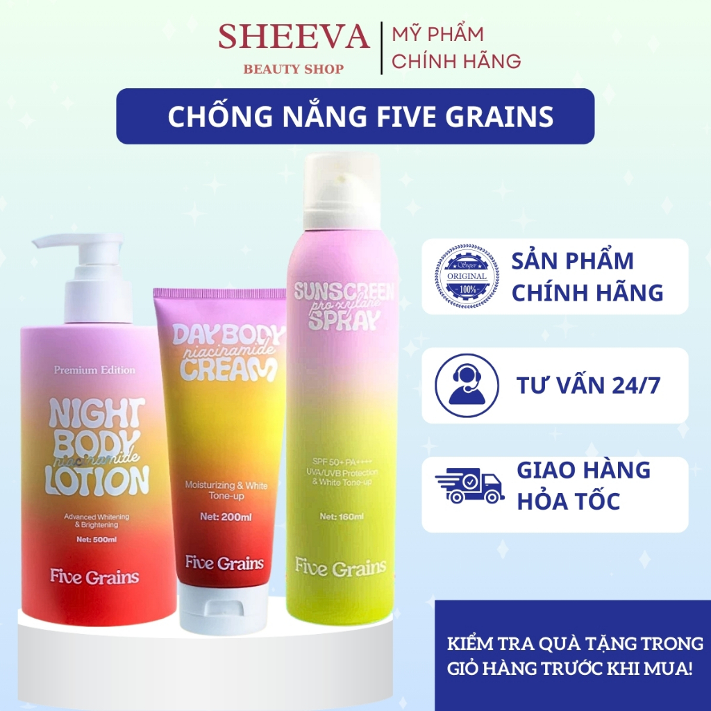 Xịt Chống Nắng Five Grains Nâng Tông Và Kem Dưỡng Thể Ngày Đêm Five Grains Trắng Da - Sheeva Beauty