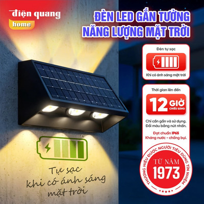 [KOL] Đèn Năng Lượng Mặt Trời Hắt Tường 2 Chiều Điện Quang, Dùng Ngoài Trời Có Chống Thấm Nước, Có 3 Chế Độ Sáng