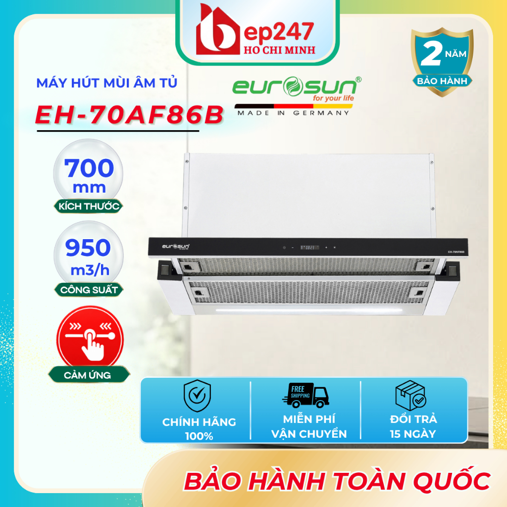 Máy Hút Mùi Âm Tủ Eurosun EH-70AF86B 70cm | Cảm Ứng 3 Tốc Độ | Hút 950m³/h | Than Hoạt Tính | Động C