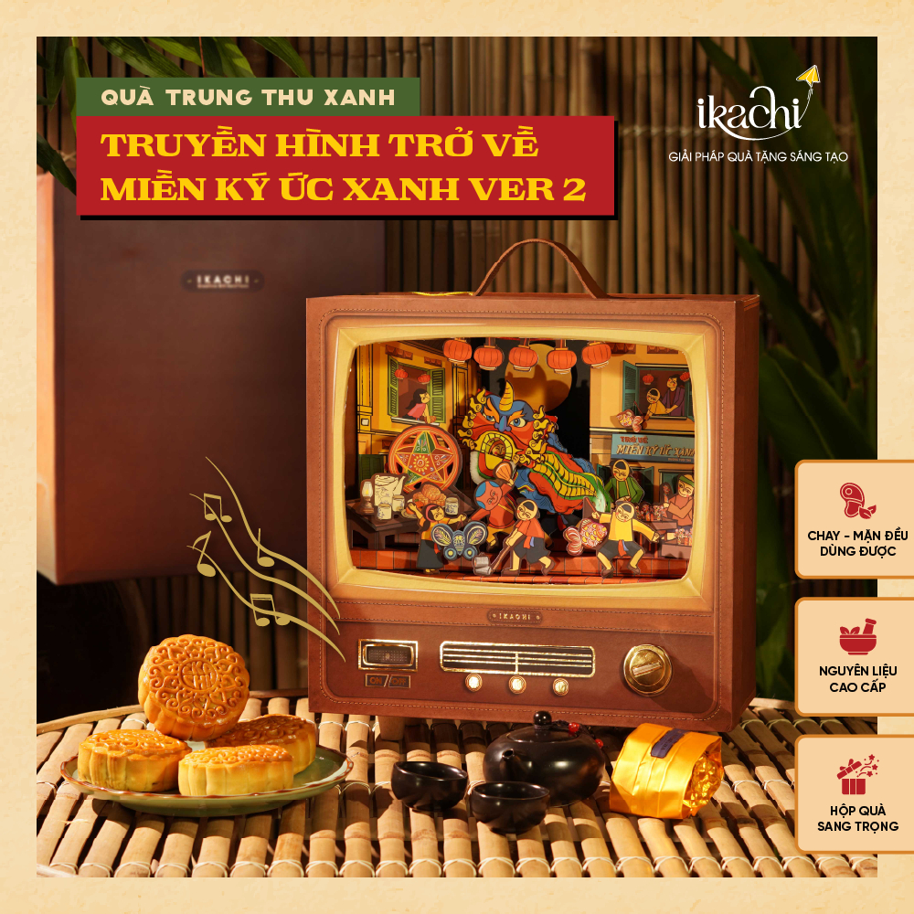 Hộp Bánh Trung Thu IKACHI - TRUYỀN HÌNH CAO CẤP TRỞ VỀ MIỀN KÝ ỨC XANH - Set 4 bánh, có nhạc, tặng b