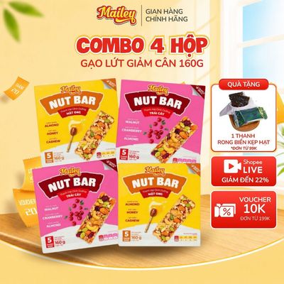 Combo 4 hộp thanh hạt dinh dưỡng Nut Bar vị mật ong/trái cây, hạt tự nhiên bổ sung năng lượng và tiện lợi | Mailey