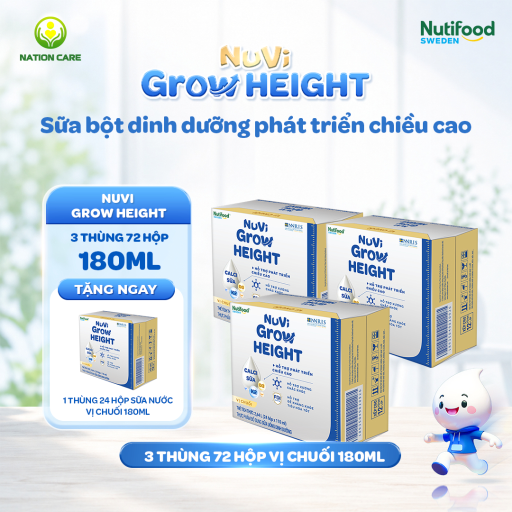 Sữa Nước Nuvi Grow Height ( 3 Thùng Tặng 1 Thùng 24 Hộp 180ml Chuối ) - Hỗ Trợ Phát Triển Chiều Cao