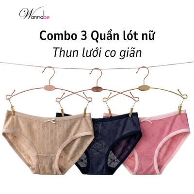 Combo 3 quần lót nữ WANNABE quần chip nữ mặc hằng ngày thun lưới co giãn thoáng mát, nữ tính QLL07