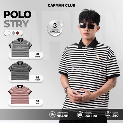 Áo thun Polo nam nữ sọc ngang STRY phom Boxy CAPMAN CLUB, áo polo unisex phom rộng trẻ trung thoải mái