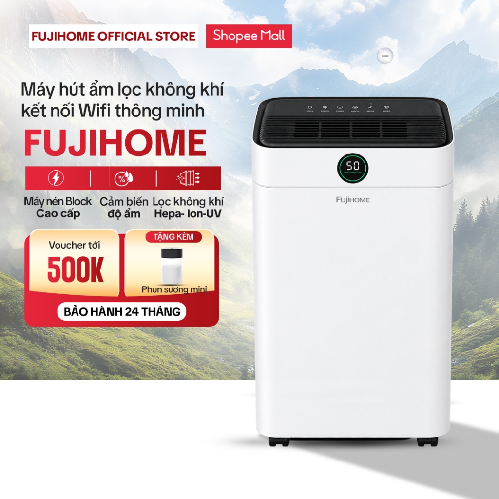 Máy hút ẩm lọc không khí 35m2 Fujihome DH18W-HEPA, kết nối Wifi điều khiển qua APP Lọc HEPA Ionizer,