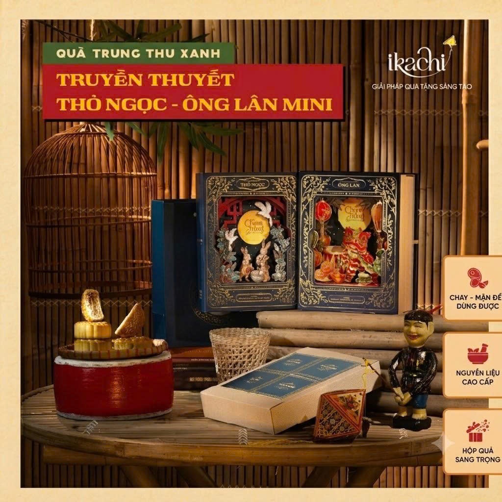 Hộp Quà Bánh Trung Thu Xanh IKACHI- Hộp Quà Truyền Thuyết Thỏ Ngọc/Lân Mini - Set hộp quà 4 bánh tru