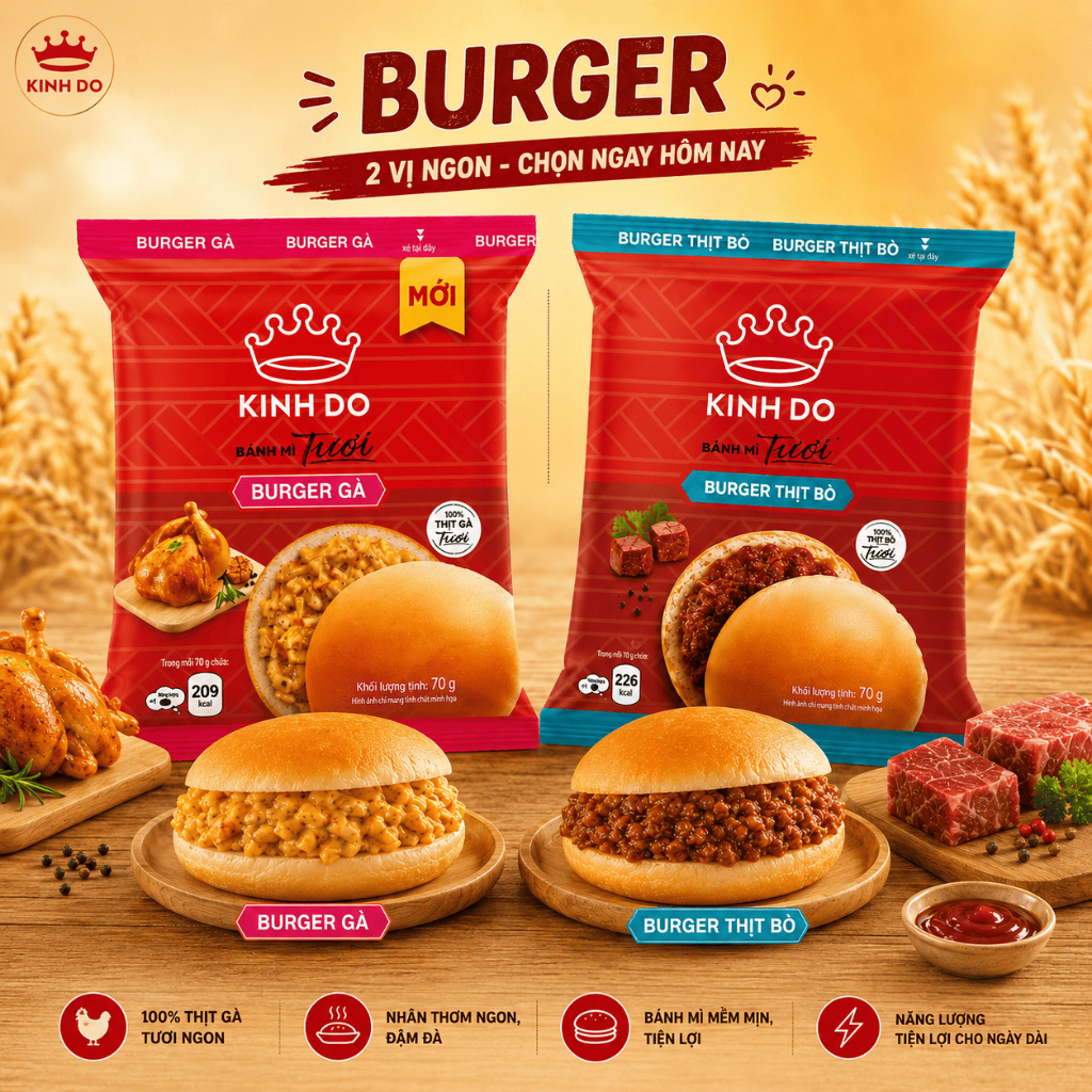 Bánh Mì Tươi Burger Bò/Gà Kinh Đô 70g | Bánh Burger Nhân Thịt Bò/Gà Thơm Ngon, Mềm Mịn, Tiện Lợi