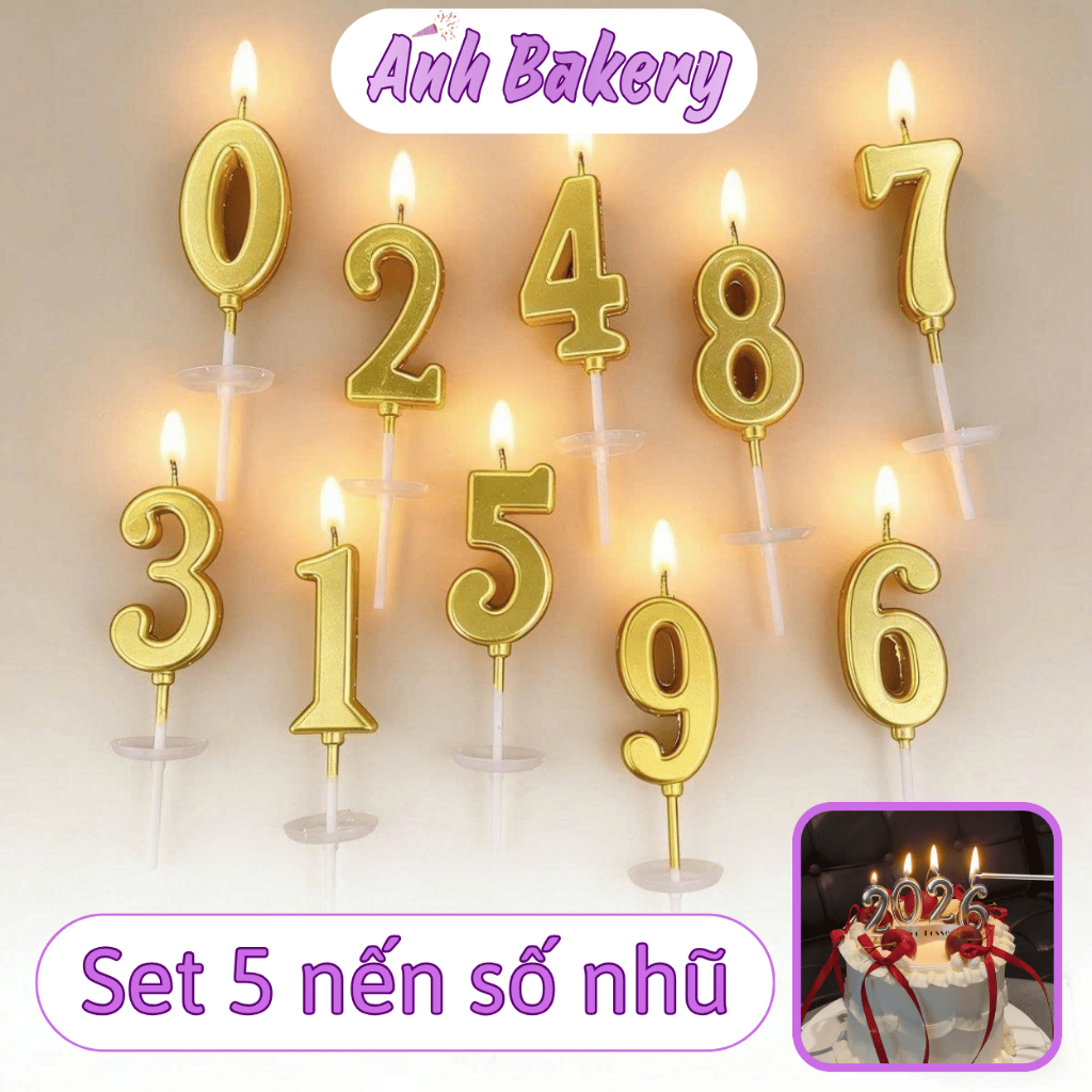 Nến số nhũ sinh nhật (set 5 cây), đèn cầy nhũ sinh nhật trang trí bánh